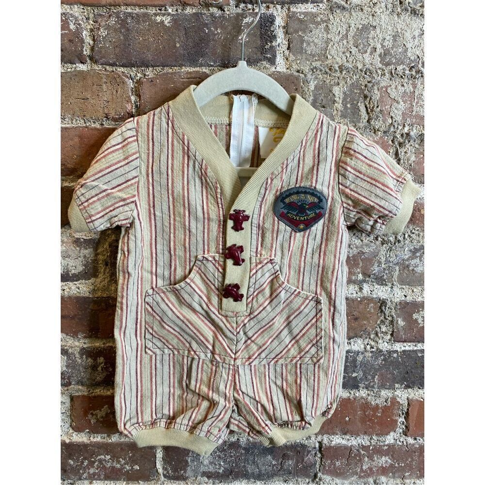 Tiny Tots Original Tan/Maroon Striped Romper with Airplane Aircraft Toggle Butto